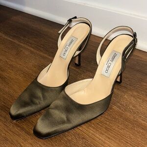 Jimmy Choo Dark Green Satin Slingback Heels 90s